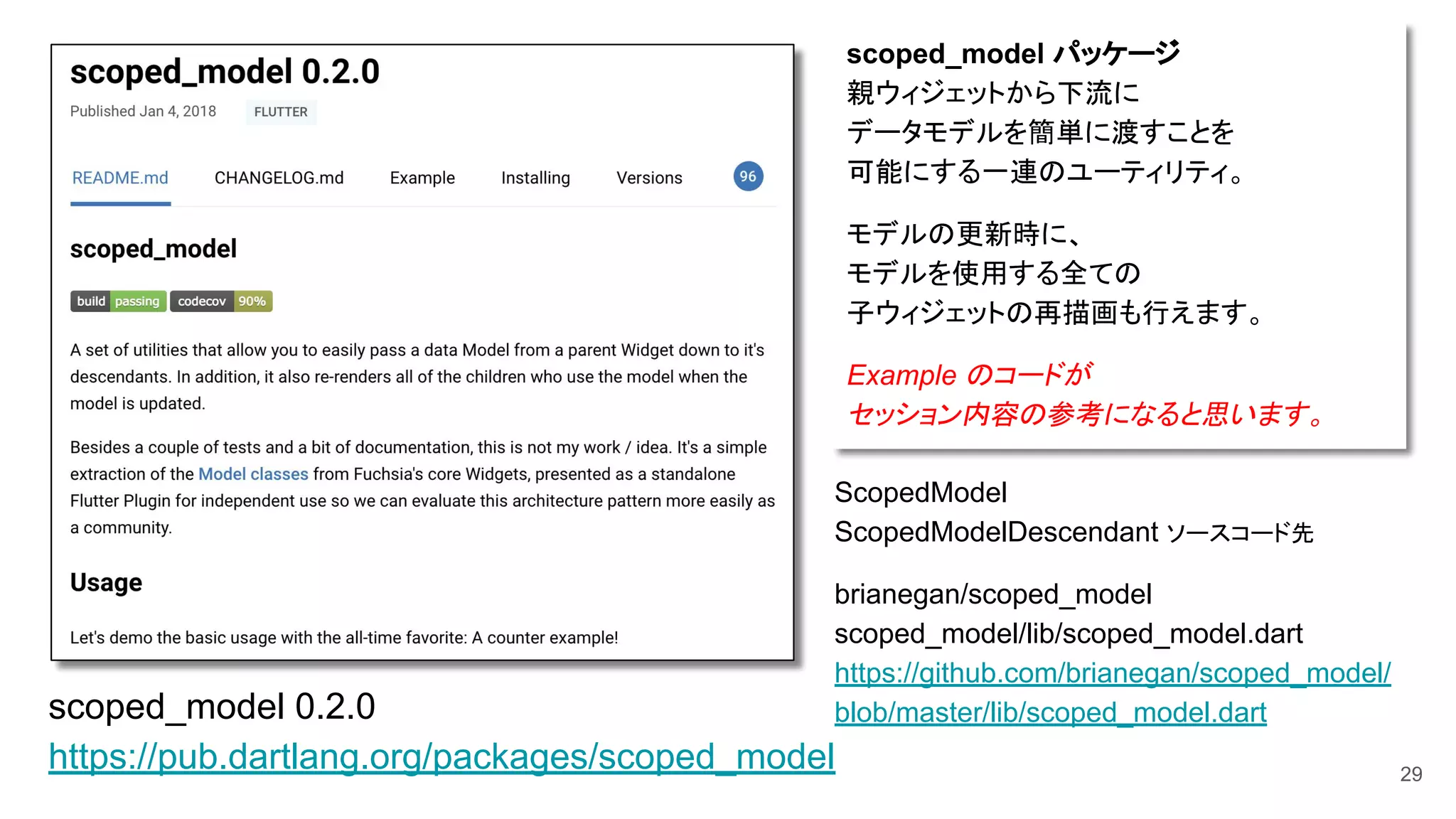29
scoped_model パッケージ
親ウィジェットから下流に
データモデルを簡単に渡すことを
可能にする一連のユーティリティ。
モデルの更新時に、
モデルを使用する全ての
子ウィジェットの再描画も行えます。
Example のコードが
セッション内容の参考になると思います。
scoped_model 0.2.0
https://pub.dartlang.org/packages/scoped_model
ScopedModel
ScopedModelDescendant ソースコード先
brianegan/scoped_model
scoped_model/lib/scoped_model.dart
https://github.com/brianegan/scoped_model/
blob/master/lib/scoped_model.dart
 