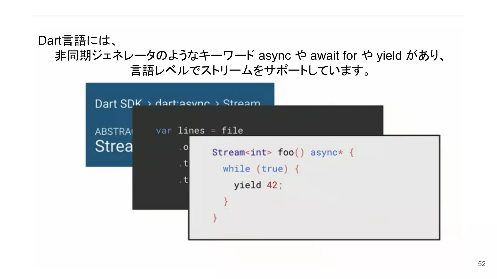 52
Dart言語には、
非同期ジェネレータのようなキーワード async や await for や yield があり、
言語レベルでストリームをサポートしています。
 