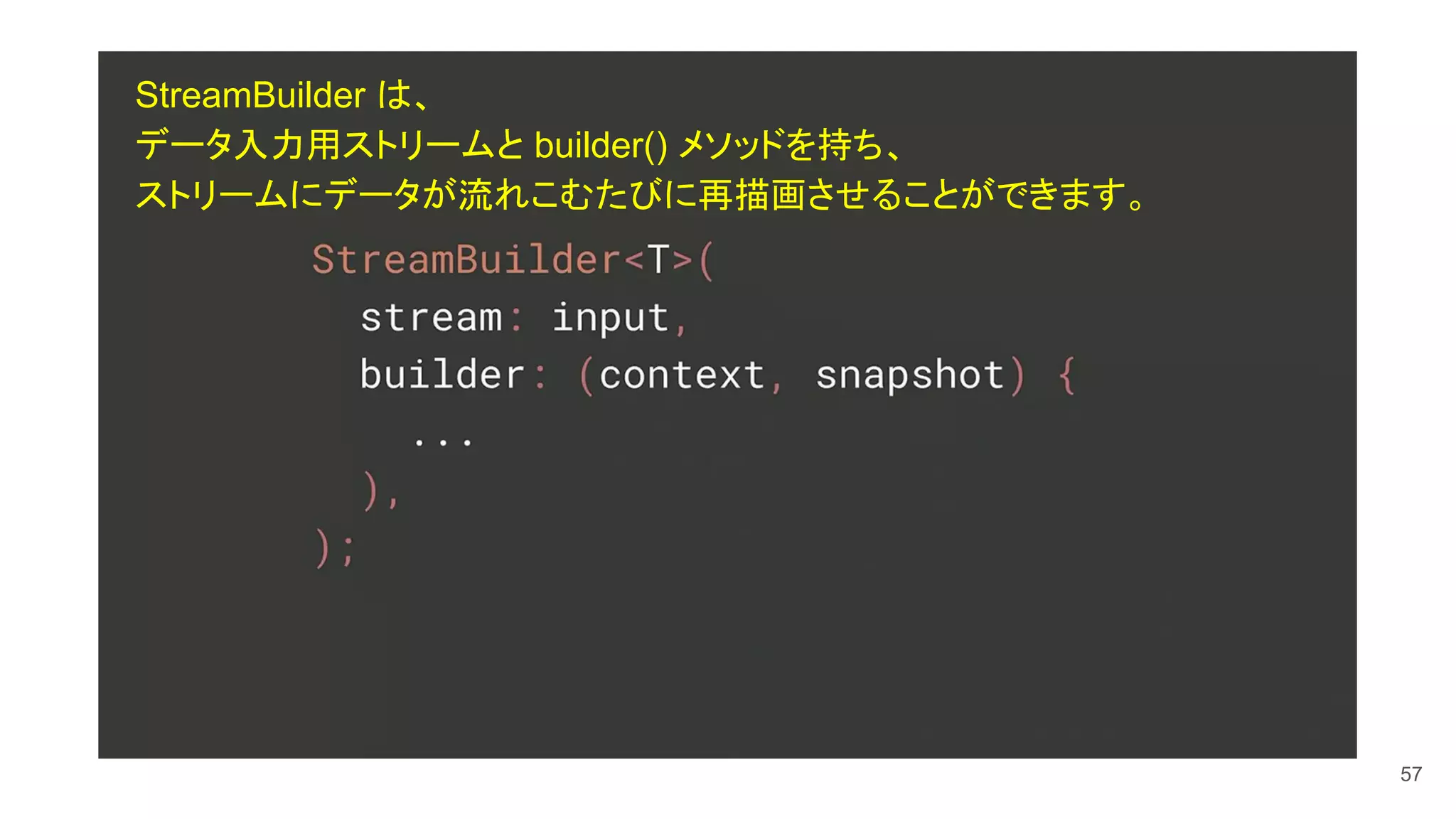 57
StreamBuilder は、
データ入力用ストリームと builder() メソッドを持ち、
ストリームにデータが流れこむたびに再描画させることができます。
 