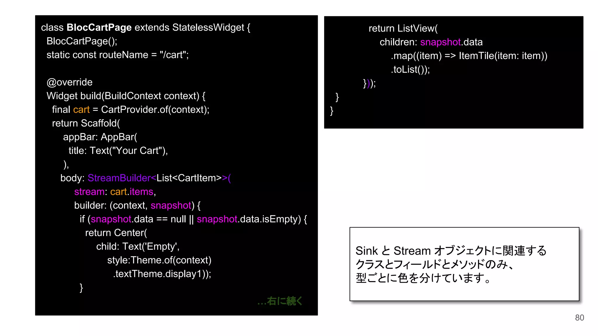 class BlocCartPage extends StatelessWidget {
BlocCartPage();
static const routeName = "/cart";
@override
Widget
80
class BlocCartPage extends StatelessWidget {
BlocCartPage();
static const routeName = "/cart";
@override
Widget build(BuildContext context) {
final cart = CartProvider.of(context);
return Scaffold(
appBar: AppBar(
title: Text("Your Cart"),
),
body: StreamBuilder<List<CartItem>>(
stream: cart.items,
builder: (context, snapshot) {
if (snapshot.data == null || snapshot.data.isEmpty) {
return Center(
child: Text('Empty',
style:Theme.of(context)
.textTheme.display1));
}
…右に続く
return ListView(
children: snapshot.data
.map((item) => ItemTile(item: item))
.toList());
}));
}
}
Sink と Stream オブジェクトに関連する
クラスとフィールドとメソッドのみ、
型ごとに色を分けています。
 