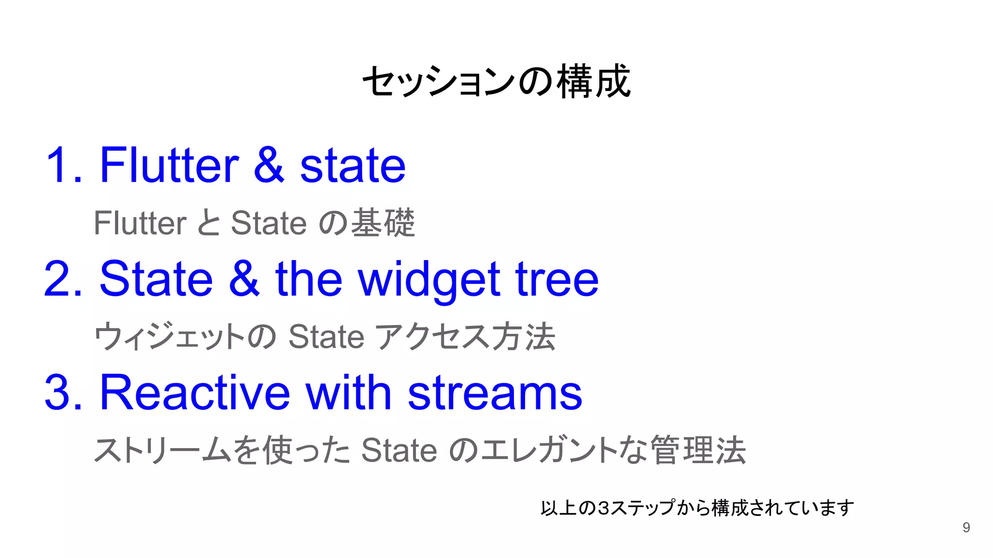 セッションの構成
1. Flutter & state
Flutter と State の基礎
2. State & the widget tree
ウィジェットの State アクセス方法
3. Reactive with streams
ストリームを使った State のエレガントな管理法
9
以上の３ステップから構成されています
 