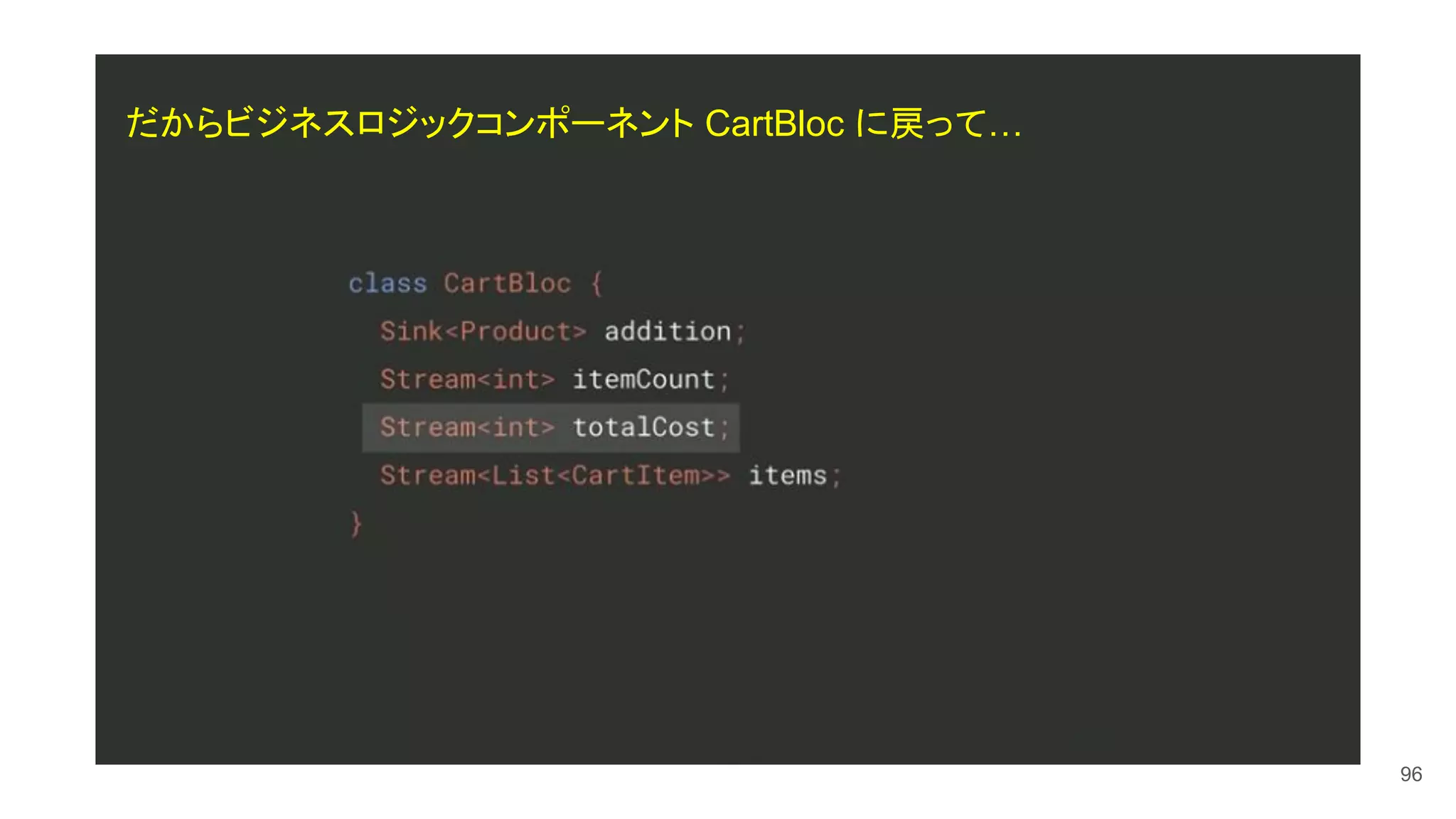 96
だからビジネスロジックコンポーネント CartBloc に戻って…
 