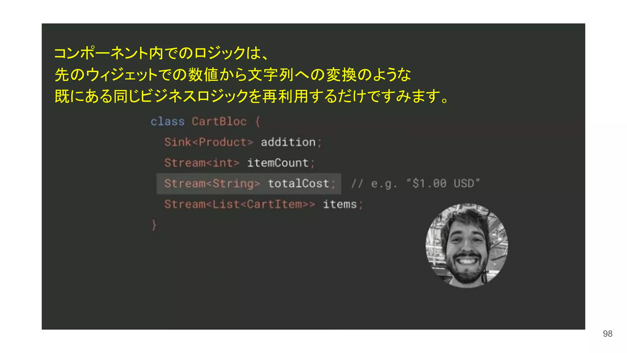 98
コンポーネント内でのロジックは、
先のウィジェットでの数値から文字列への変換のような
既にある同じビジネスロジックを再利用するだけですみます。
 