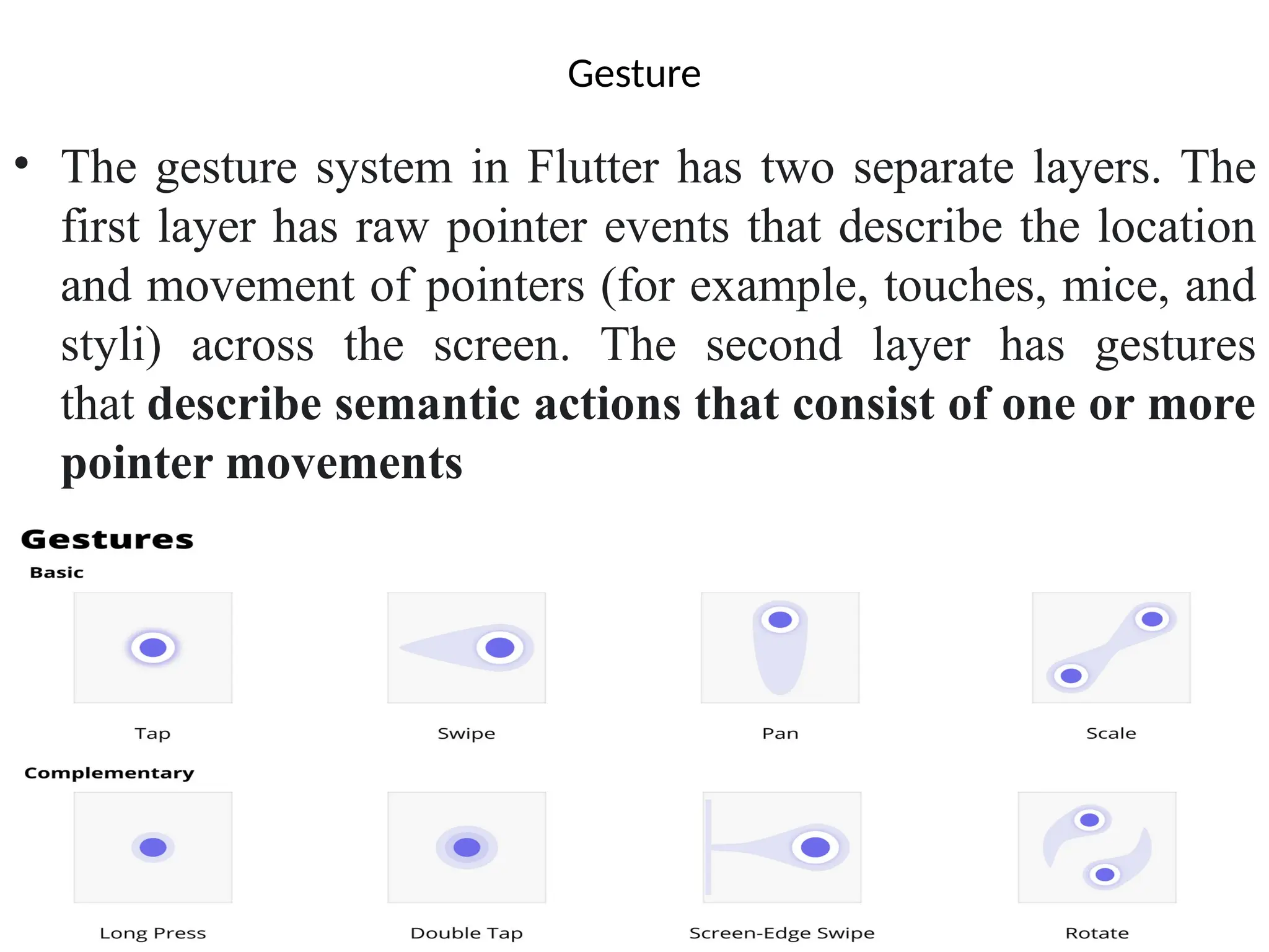 Gesture
• The gesture system in Flutter has two separate layers. The
first layer has raw pointer events that describe the location
and movement of pointers (for example, touches, mice, and
styli) across the screen. The second layer has gestures
that describe semantic actions that consist of one or more
pointer movements
 