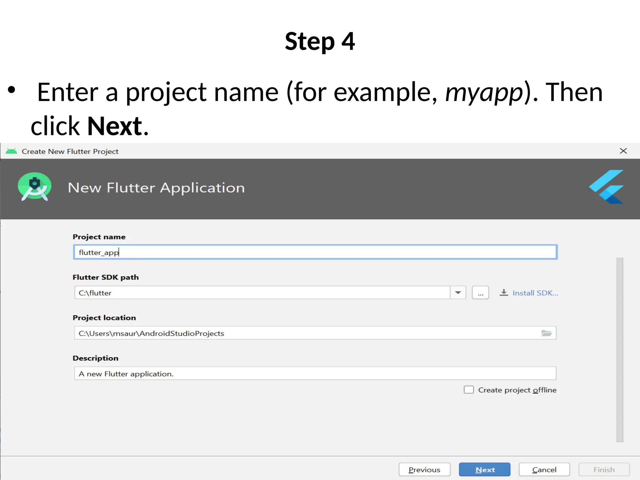 Step 4
• Enter a project name (for example, myapp). Then
click Next.
 