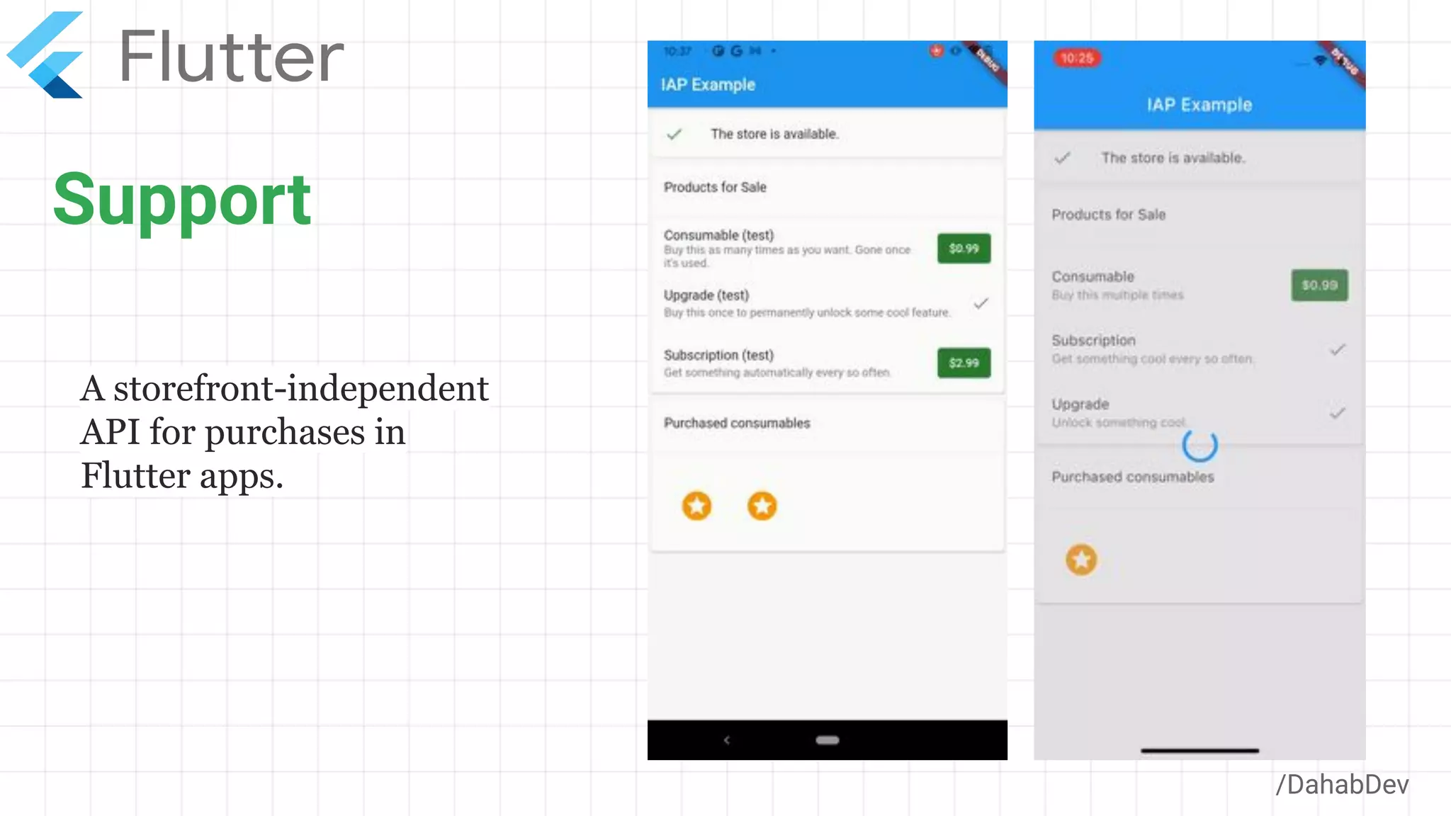 Support
/DahabDev
A storefront-independent
API for purchases in
Flutter apps.
 