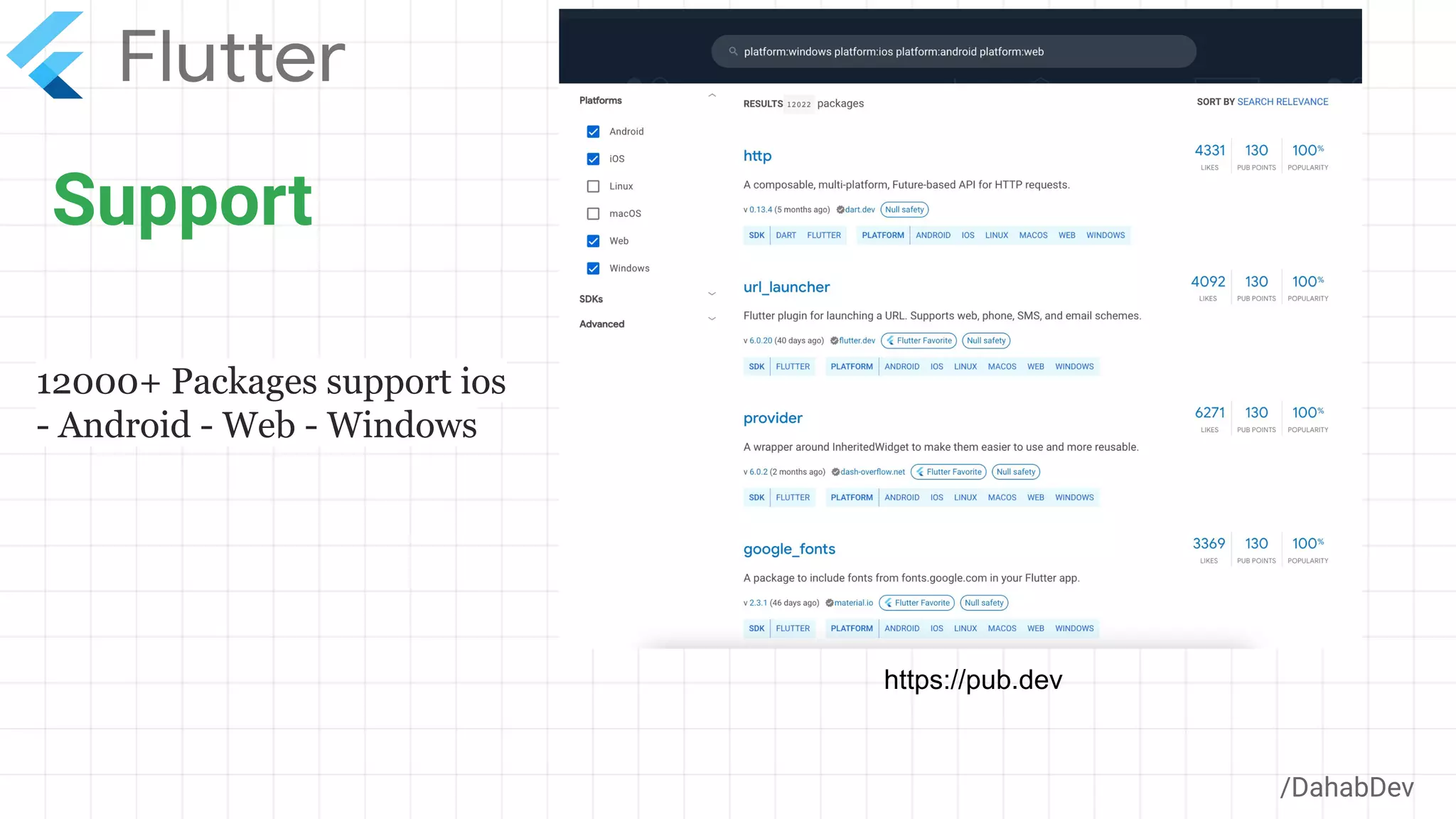 Support
/DahabDev
12000+ Packages support ios
- Android - Web - Windows
https://pub.dev
 