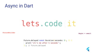 Async in Dart
FutureBuilder Async = await
 