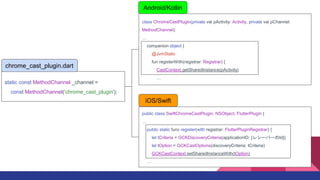 class ChromeCastPlugin(private val pActivity: Activity, private val pChannel:
MethodChannel):

companion object {
@JvmStatic
fun registerWith(registrar: Registrar) {
CastContext.getSharedInstance(pActivity)

Android/Kotlin
static const MethodChannel _channel =
const MethodChannel('chrome_cast_plugin');
chrome_cast_plugin.dart
public class SwiftChromeCastPlugin: NSObject, FlutterPlugin {

public static func register(with registrar: FlutterPluginRegistrar) {
let tCriteria = GCKDiscoveryCriteria(applicationID: [쥷`Щ`Id])
let tOption = GCKCastOptions(discoveryCriteria: tCriteria)
GCKCastContext.setSharedInstanceWith(tOption)

iOS/Swift
 