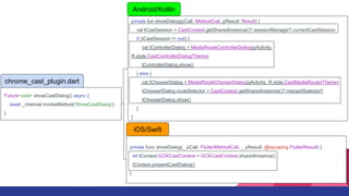 private fun showDialog(pCall: MethodCall, pResult: Result) {
val tCastSession = CastContext.getSharedInstance()?.sessionManager?.currentCastSession
if (tCastSession != null) {
val tControllerDialog = MediaRouteControllerDialog(pActivity,
R.style.CastControllerDialogTheme)
tControllerDialog.show()
} else {
val tChooserDialog = MediaRouteChooserDialog(pActivity, R.style.CastMediaRouterTheme)
tChooserDialog.routeSelector = CastContext.getSharedInstance()?.mergedSelector!!
tChooserDialog.show()
}
}
Android/Kotlin
Future<void> showCastDialog() async {
await _channel.invokeMethod('ShowCastDialog');
}
chrome_cast_plugin.dart
private func showDialog(_ pCall: FlutterMethodCall, _ pResult: @escaping FlutterResult) {
let tContext:GCKCastContext = GCKCastContext.sharedInstance()
tContext.presentCastDialog()
}
iOS/Swift
 