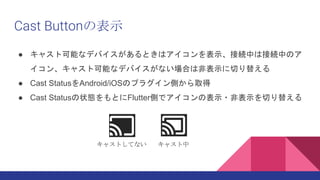 Cast Buttonαʾ
 㥹ȿܤʥǥХȤϥʾӾAФϽӾAФΥ
󡢥㥹ȿܤʥǥХʤϤϷǱʾФ椨
 Cast StatusAndroid/iOSΥץ饰Ȥȡ
 Cast Status״BȤFlutterȤǥαʾ?ǱʾФ椨
㥹ȤƤʤ 㥹
 
