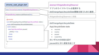 chrome_cast_plugin.dart
class ChromeCast extends WidgetsBindingObserver {

WidgetsBinding.instance.addObserver(this);
.
@override
void didChangeAppLifecycleState(AppLifecycleState state) {
super.didChangeAppLifecycleState(state);
switch (state) {
case AppLifecycleState.paused:
_isDelay = true;
break;
default:
break;
}
}

abstract WidgetsBindingObserver
ץΥ饤եOҕ
didChangeAppLifecycleStatevʹ˾@
didChangeAppLifecycleState
AppLifecycleState state
 resumed
 inactive
 paused
 suspending
Τ줫״B򷵤
pausedΤȤWӤ𤳤
WidgetsBindingObserver˵h
 