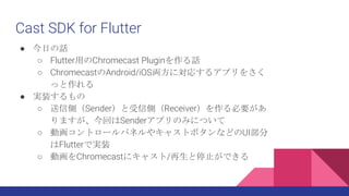 Cast SDK for Flutter
 դԒ
 FlutteräChromecast PluginԒ
 ChromecastAndroid/iOSIˌꤹ륢ץ򤵤
ä
 gװ
 łȣSenderłȣReceiverҪ
ޤؤSenderץΤߤˤĤ
 ӻȥ`ѥͥ䥭㥹ȥܥʤɤUI
Flutterǌgװ
 ӻChromecast˥㥹/ֹͣǤ
 