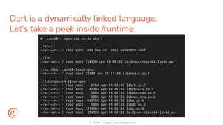 © 2023 - Atsign | docs.atsign.com
Dart is a dynamically linked language.
Let’s take a peek inside /runtime:
# riscv64 - ignoring certs stuff
./etc:
-rw-r--r-- 1 root root 494 Sep 22 2022 nsswitch.conf
./lib:
-rwxr-xr-x 2 root root 124920 Apr 10 08:35 ld-linux-riscv64-lp64d.so.1
./usr/lib/riscv64-linux-gnu:
-rw-r--r-- 1 root root 22480 Jun 11 11:48 libatomic.so.1
./lib/riscv64-linux-gnu:
-rw-r--r-- 1 root root 6160 Apr 10 08:35 librt.so.1
-rw-r--r-- 1 root root 43384 Apr 10 08:35 libresolv.so.2
-rw-r--r-- 1 root root 5856 Apr 10 08:35 libpthread.so.0
-rw-r--r-- 1 root root 5856 Apr 10 08:35 libnss_dns.so.2
-rw-r--r-- 1 root root 440768 Apr 10 08:35 libm.so.6
-rw-r--r-- 1 root root 5856 Apr 10 08:35 libdl.so.2
-rwxr-xr-x 1 root root 1213544 Apr 10 08:35 libc.so.6
-rwxr-xr-x 2 root root 124920 Apr 10 08:35 ld-linux-riscv64-lp64d.so.1
 