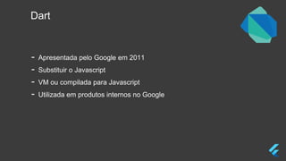 Dart
- Apresentada pelo Google em 2011
- Substituir o Javascript
- VM ou compilada para Javascript
- Utilizada em produtos internos no Google
 