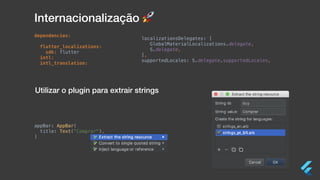 appBar: AppBar(
title: Text("Comprar"),
)
Internacionalização 🚀
dependencies:
flutter_localizations:
sdk: flutter
intl:
intl_translation:
localizationsDelegates: [
GlobalMaterialLocalizations.delegate,
S.delegate,
],
supportedLocales: S.delegate.supportedLocales,
Utilizar o plugin para extrair strings
 