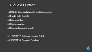 O que é Flutter?
- SDK de desenvolvimento multiplataforma
- Criado pelo Google
- Desempenho
- UI rica e nativa
- Desenvolvimento rápido
- 11/05/2017: Primeira release 0.0.6
- 20/06/2018: Release Preview 1
 