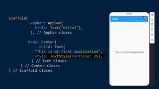 Scaffold(
appBar: AppBar(
title: Text("Hello2"),
), // Appbar closes
body: Center(
child: Text(
"This is my first application",
style: TextStyle(fontSize: 25),
) // Text closes
) // Center closes
) // Scaffold closes
 