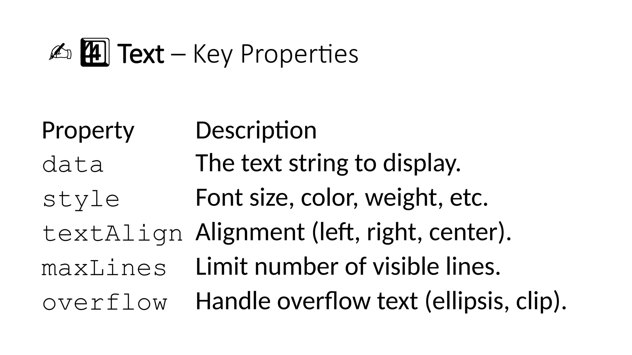 ✍️4 ️
4️⃣Text – Key Properties
Property Description
data The text string to display.
style Font size, color, weight, etc.
textAlign Alignment (left, right, center).
maxLines Limit number of visible lines.
overflow Handle overflow text (ellipsis, clip).
 