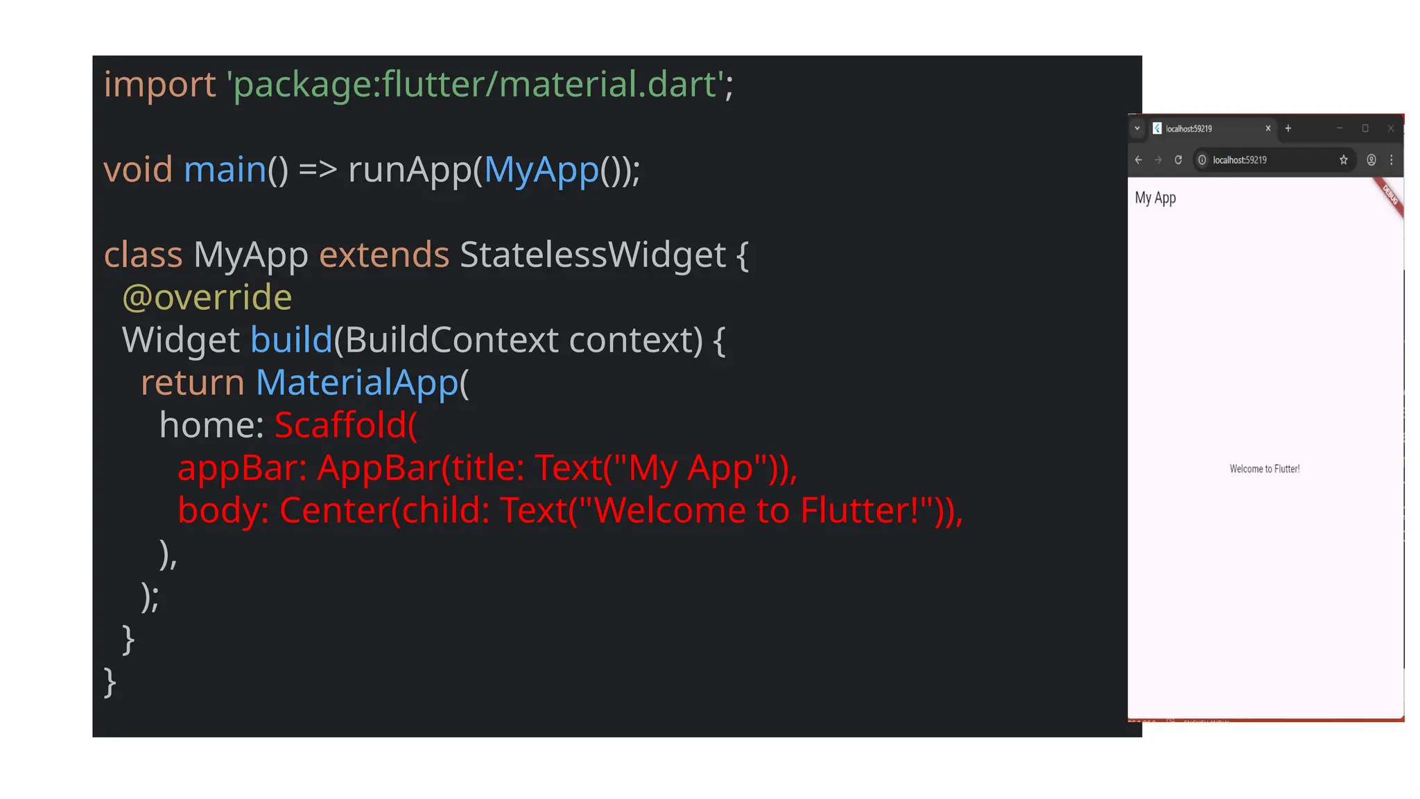 import 'package:flutter/material.dart';
void main() => runApp(MyApp());
class MyApp extends StatelessWidget {
@override
Widget build(BuildContext context) {
return MaterialApp(
home: Scaffold(
appBar: AppBar(title: Text("My App")),
body: Center(child: Text("Welcome to Flutter!")),
),
);
}
}
 