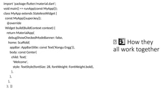 🧠 How they
5 ️
5️⃣
all work together
import 'package:flutter/material.dart';
void main() => runApp(const MyApp());
class MyApp extends StatelessWidget {
const MyApp({super.key});
@override
Widget build(BuildContext context) {
return MaterialApp(
debugShowCheckedModeBanner: false,
home: Scaffold(
appBar: AppBar(title: const Text('Kongu Engg')),
body: const Center(
child: Text(
'Welcome',
style: TextStyle(fontSize: 28, fontWeight: FontWeight.bold),
),
),
),
); }}
 
