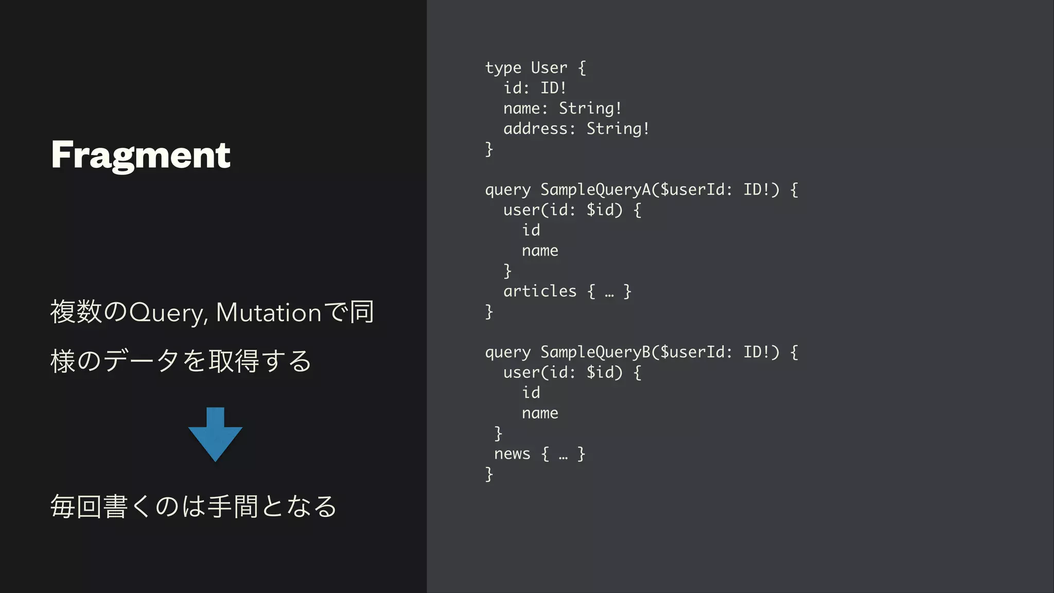 Fragment
type User
{

id: ID
!

name: String
!

address: String
!

}

query SampleQueryA($userId: ID!)
{

user(id: $id)
{

i
d

nam
e

}

articles { …
}

}

query SampleQueryB($userId: ID!)
{

user(id: $id)
{

i
d

nam
e

}

news { …
}

}
複数のQuery, Mutationで同
様のデータを取得する


     


毎回書くのは手間となる
 