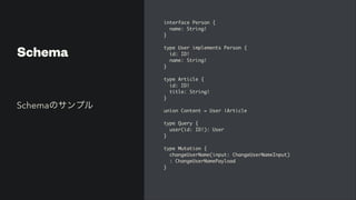 Schema
interface Person
{

name: String
!

}

type User implements Person
{

id: ID
!

name: String
!

}

type Article
{

id: ID
!

title: String
!

}

union Content = User |Articl
e

type Query
{

user(id: ID!): Use
r

}

type Mutation
{

changeUserName(input: ChangeUserNameInput
)

: ChangeUserNamePayload
 

}

Schemaのサンプル
 