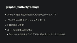 graphql_
fl
utter(graphql)
• (おそらく)最も有名なFlutterのGraphQLクライアント


• インメモリ/永続化 キャッシュのサポート


• 比較的事例が豊富


• コードの自動生成は未対応


• 他のコード自動生成ライブラリと組み合わせることはできる
 