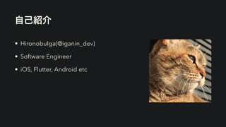 自己紹介
• HironobuIga(@iganin_dev)


• Software Engineer


• iOS, Flutter, Android etc
 
