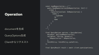 Operation
const readRepositories = r''
'

query ReadRepositories($nRepositories: Int!)
{

viewer
{

repositories(last: $nRepositories)
{

nodes
{

__typenam
e

i
d

nam
e

}

}

}

}

'''
;

final QueryOptions options = QueryOptions
(

document: gql(readRepositories)
,

variables: <String, dynamic>
{

'nRepositories': nRepositories
,

}
,

fetchPolicy: FetchPolicy.cacheFirst
,

)
;

final QueryResult result = await client.query(options);
documentを生成


QueryOptions生成


Clientからリクエスト
 