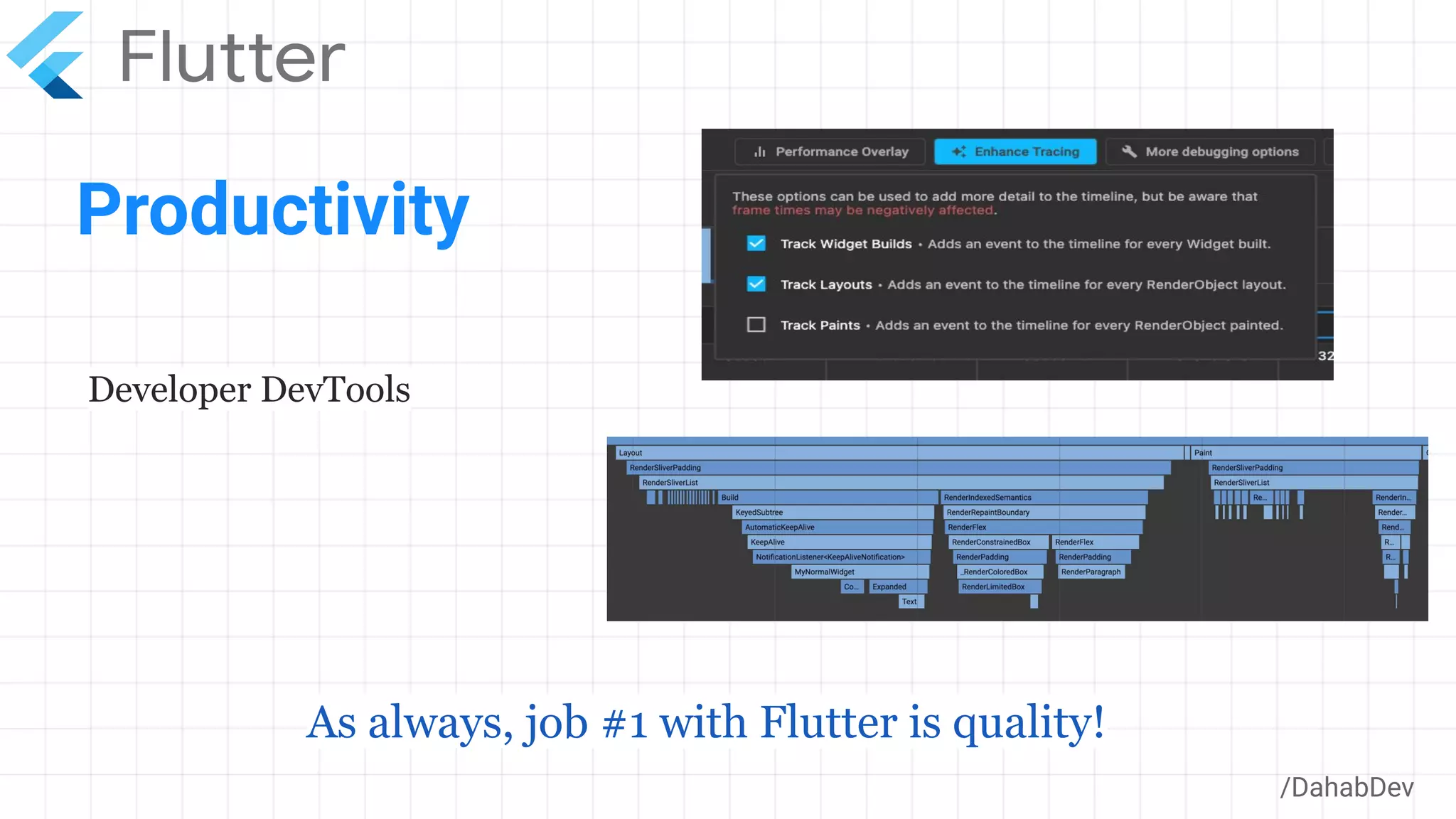 Productivity
/DahabDev
Developer DevTools
As always, job #1 with Flutter is quality!
 