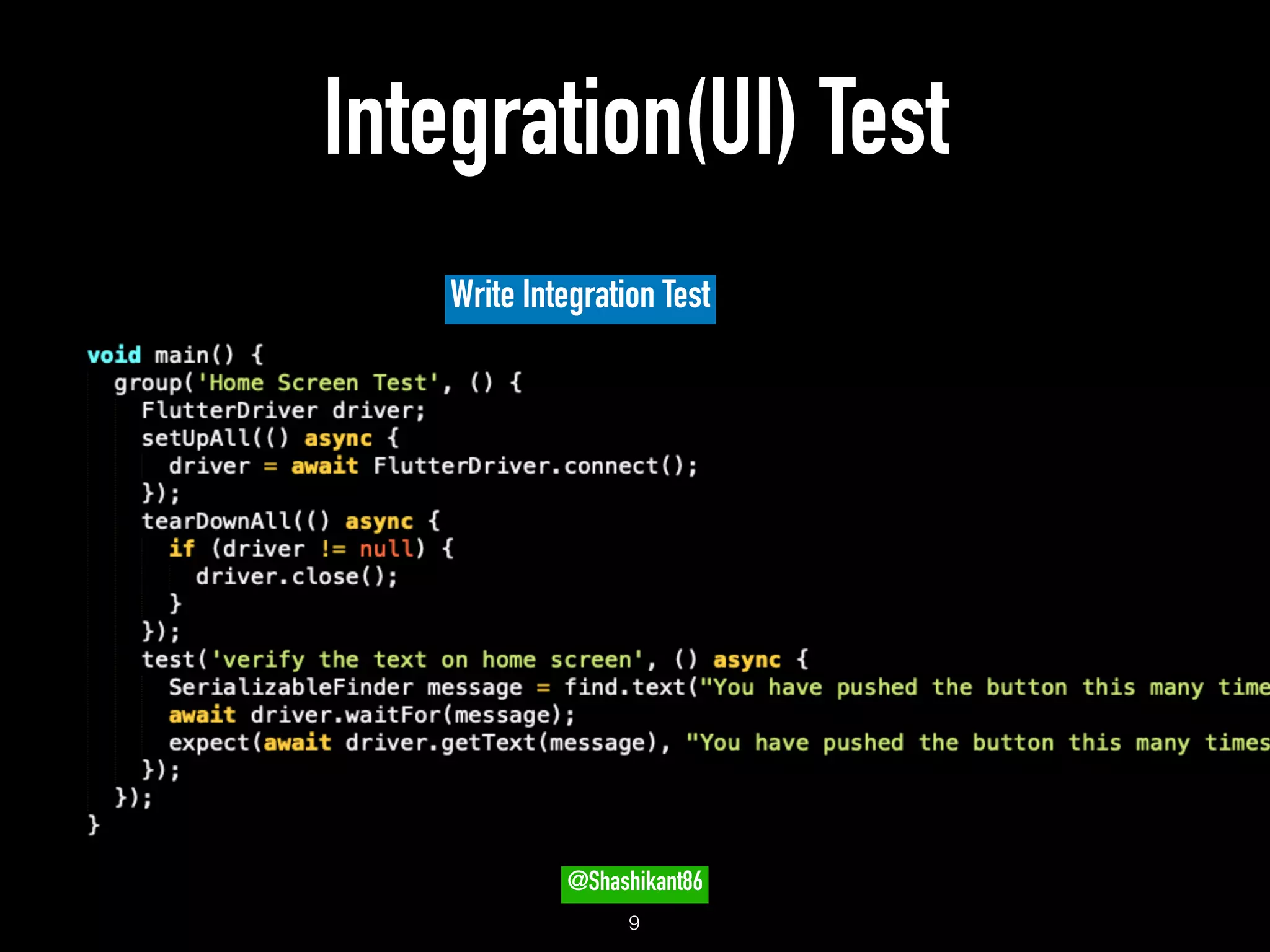 Integration(UI) Test
!9
Write Integration Test
@Shashikant86
 
