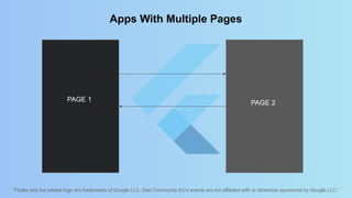 “Flutter and the related logo are trademarks of Google LLC. Dart Community KU’s events are not affiliated with or otherwise sponsored by Google LLC.”
Apps With Multiple Pages
PAGE 1 PAGE 2
 