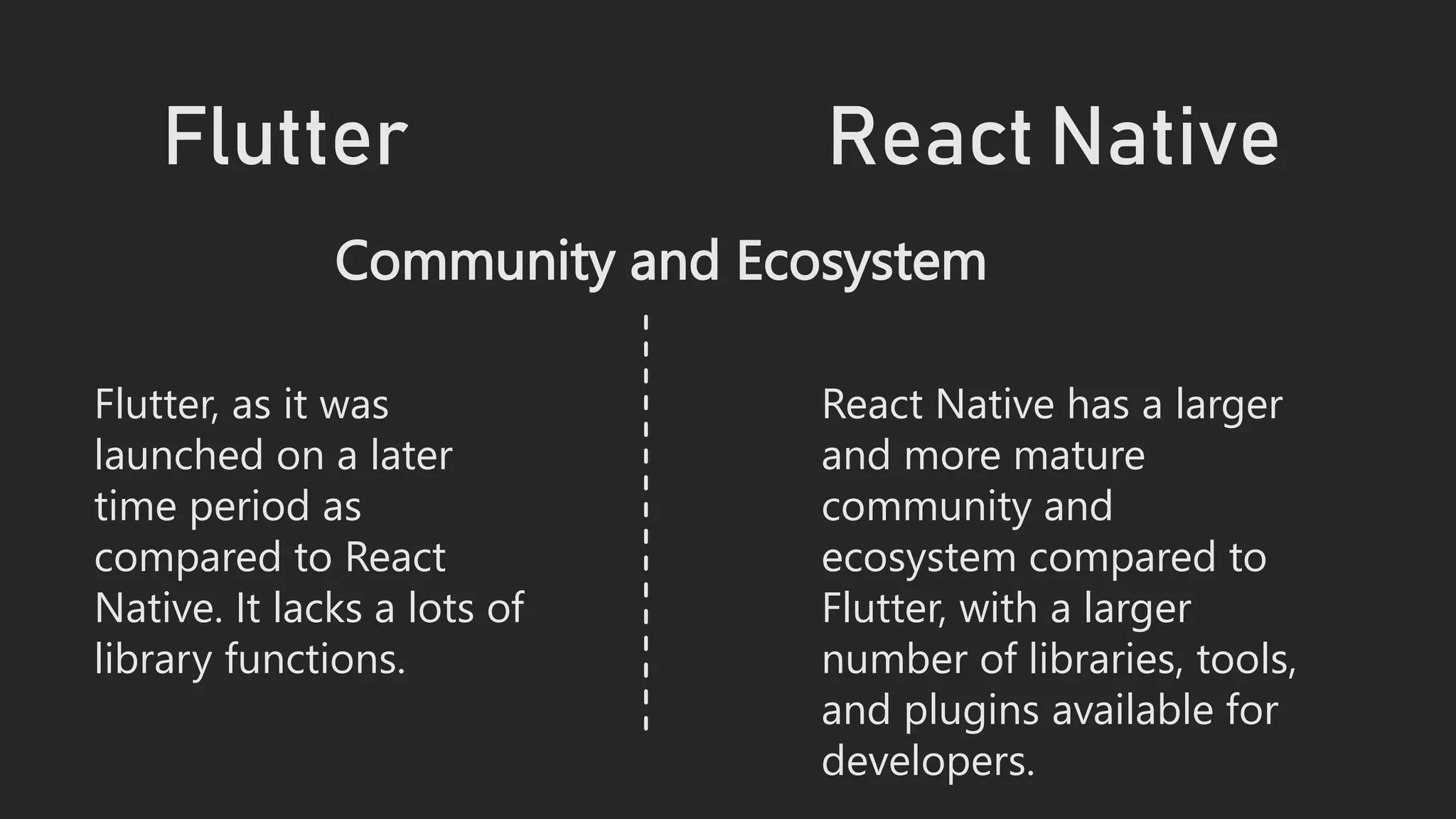 Flutter React Native
Community and Ecosystem
Flutter, as it was
launched on a later
time period as
compared to React
Native. It lacks a lots of
library functions.
React Native has a larger
and more mature
community and
ecosystem compared to
Flutter, with a larger
number of libraries, tools,
and plugins available for
developers.
 