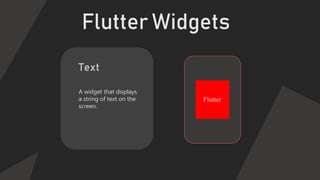 Flutter Widgets
List View
A widget that displays
a scrollable list of
widgets.
 
