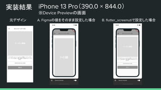 実装結果
A. Figmaの値をそのまま設定した場合 B. ﬂutter_screenutiで設定した場合
iPhone 13 Pro（390.0 × 844.0）
※Device Previewの画面
元デザイン
 