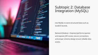 Subtopic 2: Database
Integration (MySQL)
Use MySQL to store structured data such as
student records.
Backend (Node.js + Express) performs queries
and exposes API routes; secure connections
and proper schema design ensure reliable data
access.
 