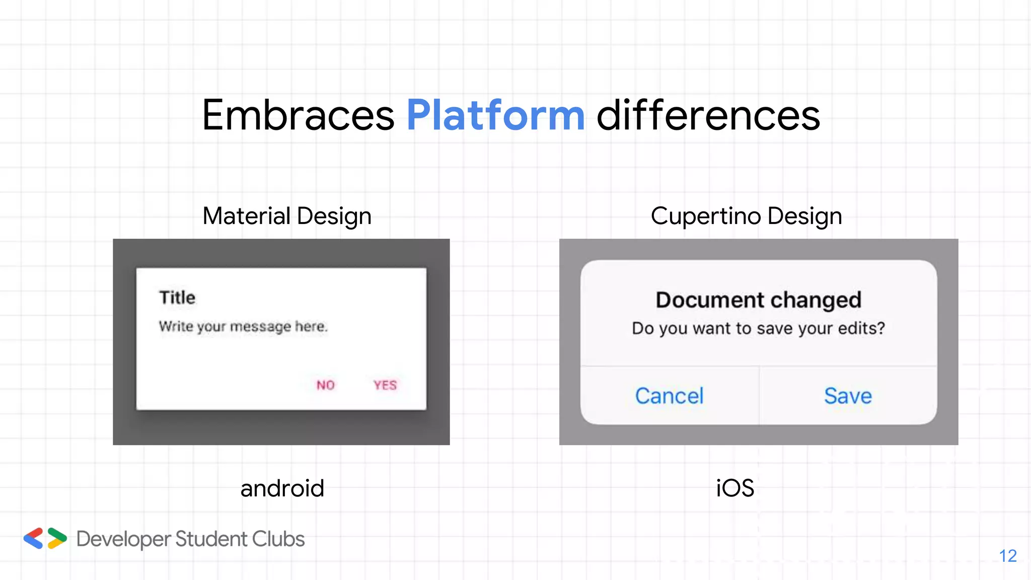 Embraces Platform differences
12
android iOS
Material Design Cupertino Design
 