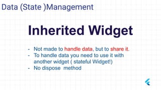 Inherited Widget
Data (State )Management
- Not made to handle data, but to share it.
- To handle data you need to use it with
another widget ( stateful Widget!)
- No dispose method
 