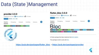 Data (State )Management
https://pub.dev/packages/flutter_bloc - https://pub.dev/packages/provider
 