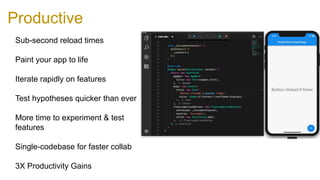 Productive
Sub-second reload times
Paint your app to life
Iterate rapidly on features
Test hypotheses quicker than ever
More time to experiment & test
features
Single-codebase for faster collab
3X Productivity Gains
 