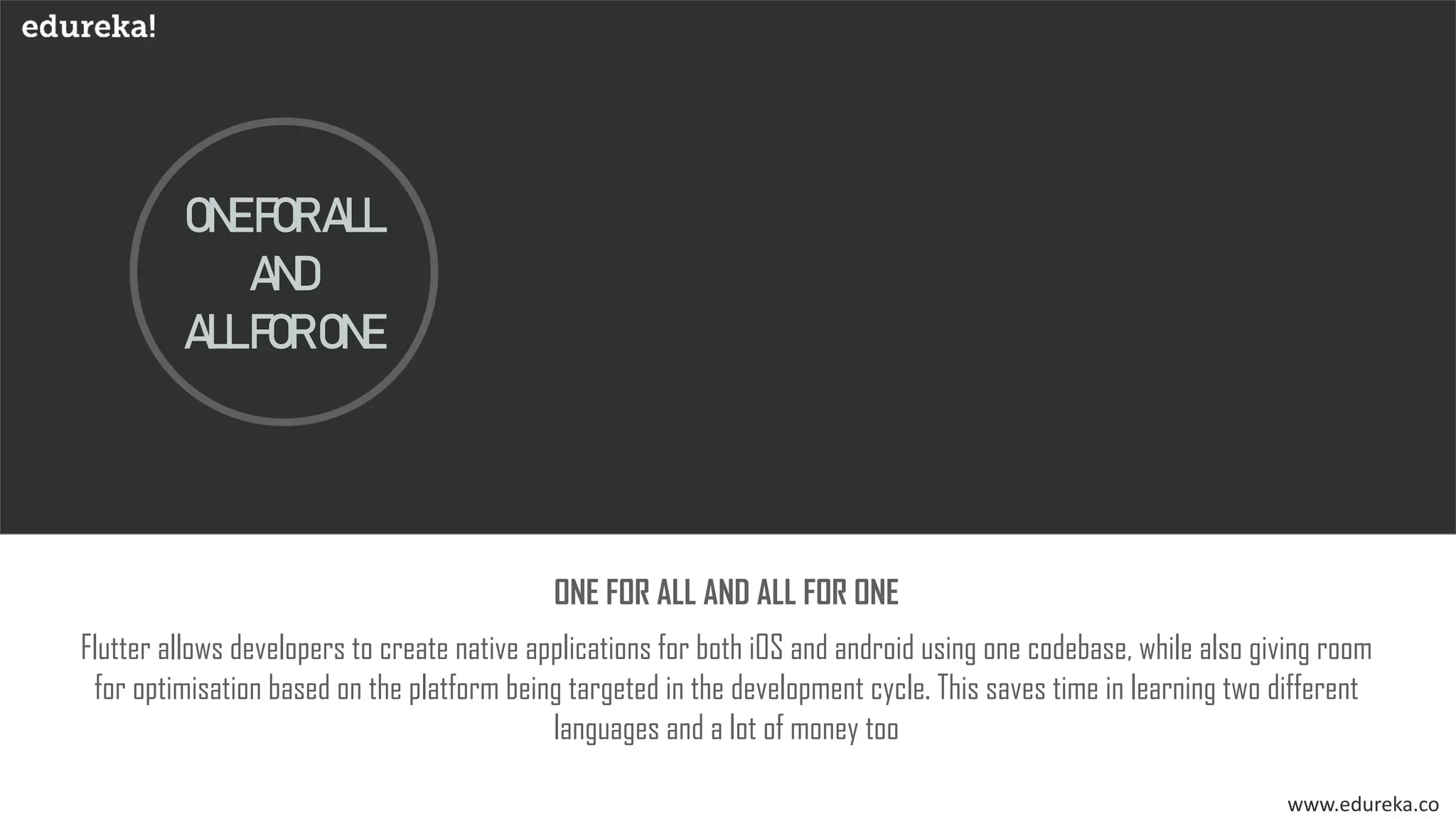 ONEFORALL
AND
ALLFORONE
Flutter allows developers to create native applications for both iOS and android using one codebase, while also giving room
for optimisation based on the platform being targeted in the development cycle. This saves time in learning two different
languages and a lot of money too
ONE FOR ALL AND ALL FOR ONE
www.edureka.co
 