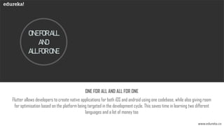 ONEFORALL
AND
ALLFORONE
Flutter allows developers to create native applications for both iOS and android using one codebase, while also giving room
for optimisation based on the platform being targeted in the development cycle. This saves time in learning two different
languages and a lot of money too
ONE FOR ALL AND ALL FOR ONE
www.edureka.co
 