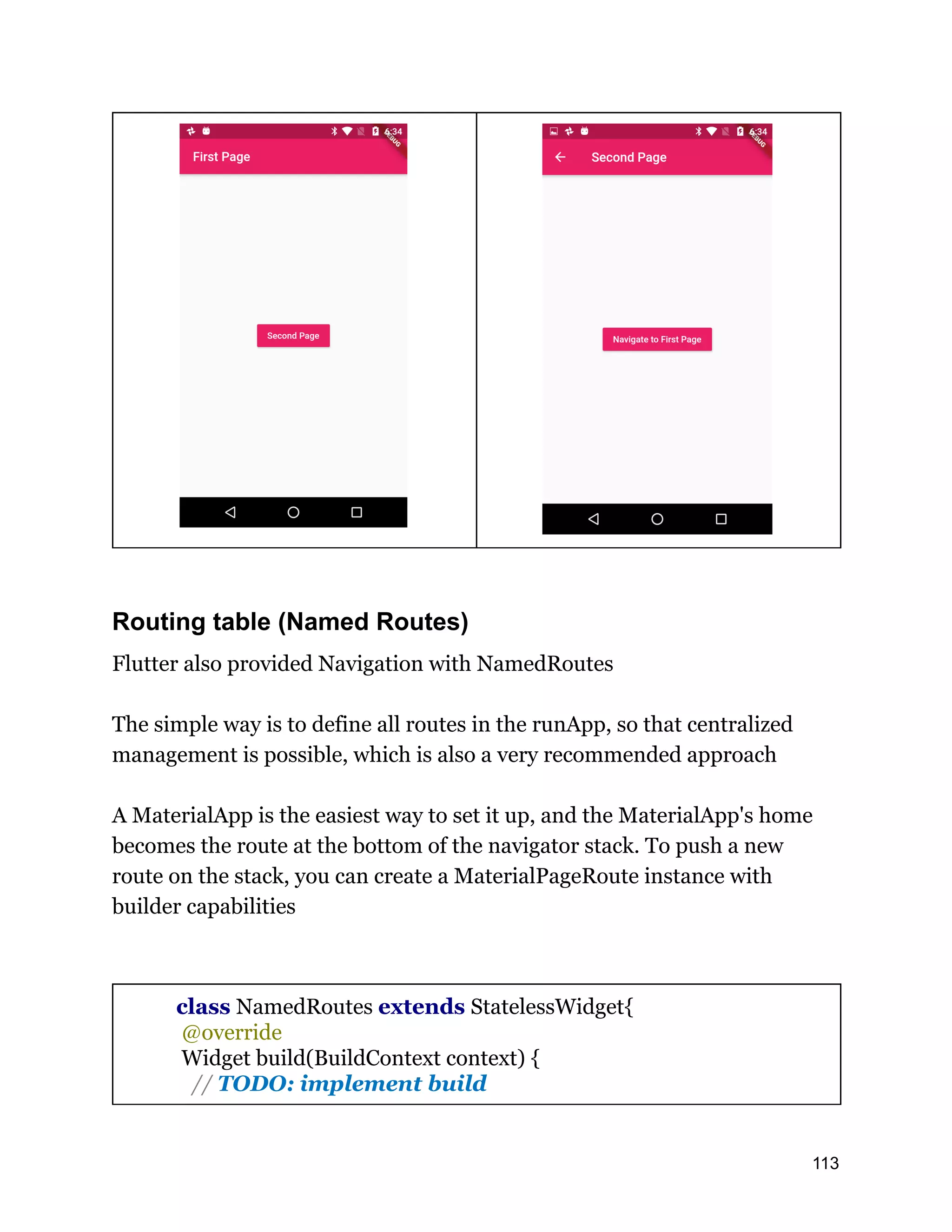 Routing table (Named Routes) Flutter also provided Navigation with NamedRoutes The simple way is to define all routes in the runApp, so that centralized management is possible, which is also a very recommended approach A MaterialApp is the easiest way to set it up, and the MaterialApp's home becomes the route at the bottom of the navigator stack. To push a new route on the stack, you can create a MaterialPageRoute instance with builder capabilities class NamedRoutes extends StatelessWidget{ @override Widget build(BuildContext context) { // TODO: implement build 113 