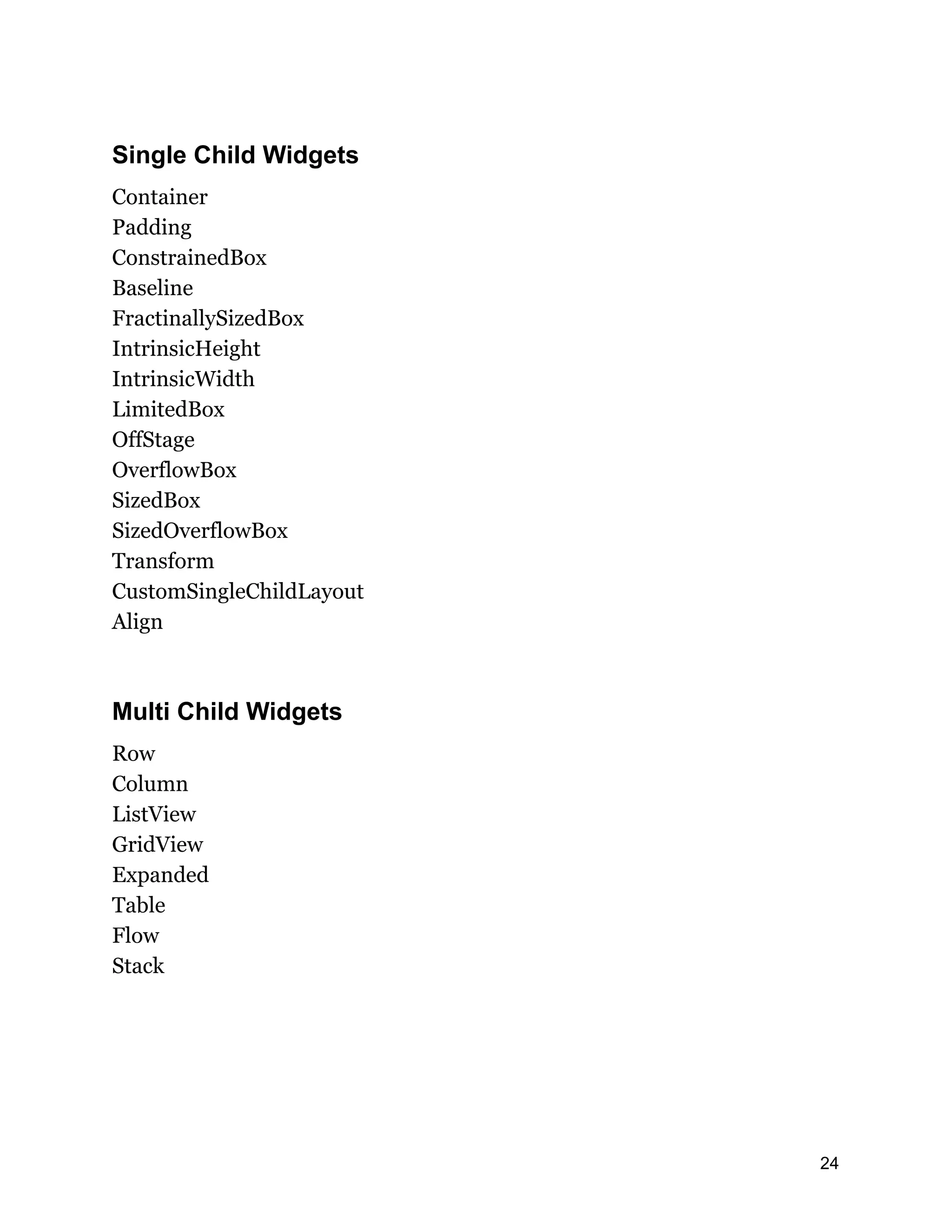 Single Child Widgets Container Padding ConstrainedBox Baseline FractinallySizedBox IntrinsicHeight IntrinsicWidth LimitedBox OffStage OverflowBox SizedBox SizedOverflowBox Transform CustomSingleChildLayout Align Multi Child Widgets Row Column ListView GridView Expanded Table Flow Stack 24 