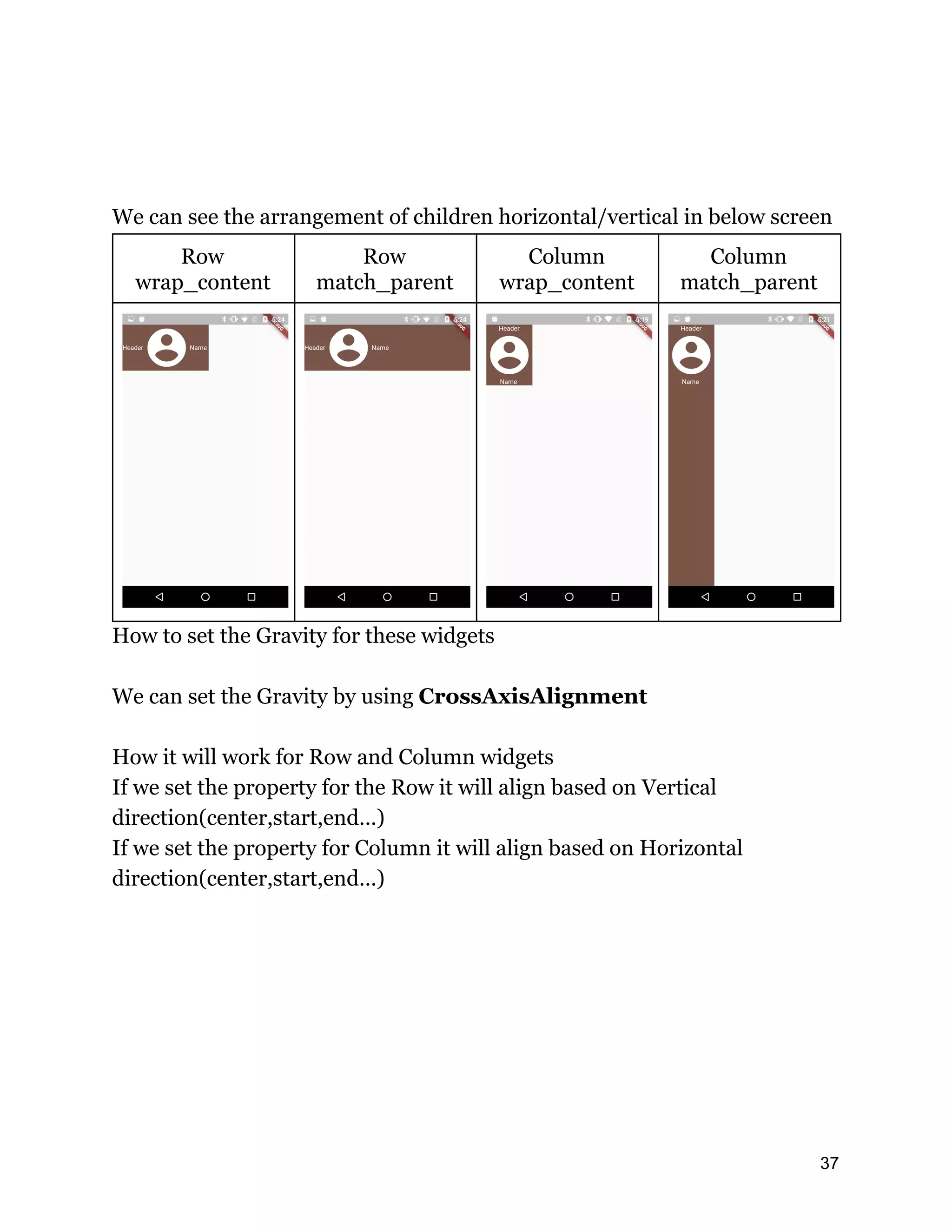 We can see the arrangement of children horizontal/vertical in below screen Row wrap_content Row match_parent Column wrap_content Column match_parent How to set the Gravity for these widgets We can set the Gravity by using CrossAxisAlignment How it will work for Row and Column widgets If we set the property for the Row it will align based on Vertical direction(center,start,end…) If we set the property for Column it will align based on Horizontal direction(center,start,end…) 37 