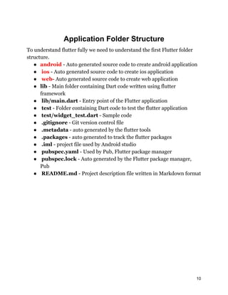 Application Folder Structure
To understand flutter fully we need to understand the first Flutter folder
structure.
● android - Auto generated source code to create android application
● ios - Auto generated source code to create ios application
● web- Auto generated source code to create web application
● lib - Main folder containing Dart code written using flutter
framework
● lib/main.dart - Entry point of the Flutter application
● test - Folder containing Dart code to test the flutter application
● test/widget_test.dart - Sample code
● .gitignore - Git version control file
● .metadata - auto generated by the flutter tools
● .packages - auto generated to track the flutter packages
● .iml - project file used by Android studio
● pubspec.yaml - Used by Pub, Flutter package manager
● pubspec.lock - Auto generated by the Flutter package manager,
Pub
● README.md - Project description file written in Markdown format
10
 