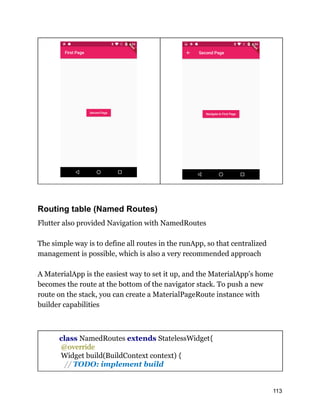 Routing table (Named Routes)
Flutter also provided Navigation with NamedRoutes
The simple way is to define all routes in the runApp, so that centralized
management is possible, which is also a very recommended approach
A MaterialApp is the easiest way to set it up, and the MaterialApp's home
becomes the route at the bottom of the navigator stack. To push a new
route on the stack, you can create a MaterialPageRoute instance with
builder capabilities
class NamedRoutes extends StatelessWidget{
@override
Widget build(BuildContext context) {
// TODO: implement build
113
 