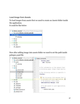 Load Image from Assets
To load images from assets first we need to create an Assets folder inside
the application.
It could be like below
Now after adding image into assets folder we need to set the path inside
pubspec.yaml file
27
 