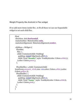 Weight Property like Android in Flex widget
If we add more items inside flex , to fit all these we can use Expandable
widget to set each child flex .
Flex(
direction: Axis.horizontal,
mainAxisSize: MainAxisSize.min,
mainAxisAlignment: MainAxisAlignment.center,
children: <Widget>[
Flexible(
flex: 1,
child: Container(child: Padding(
padding: const EdgeInsets.all(8.0),
child: Text("Header",style: TextStyle(color: Colors.white),),
),color: Colors.green,),
),
Flexible(flex: 1,child: Container(child:
Icon(Icons.account_circle,size: 100,color: Colors.white,),color:
Colors.yellow,)),
Flexible(flex: 1,
child: Container(child: Padding(
padding: const EdgeInsets.all(8.0),
child: Text("Name ",style: TextStyle(color: Colors.white)),
),color: Colors.pink,),
),
],
)
43
 